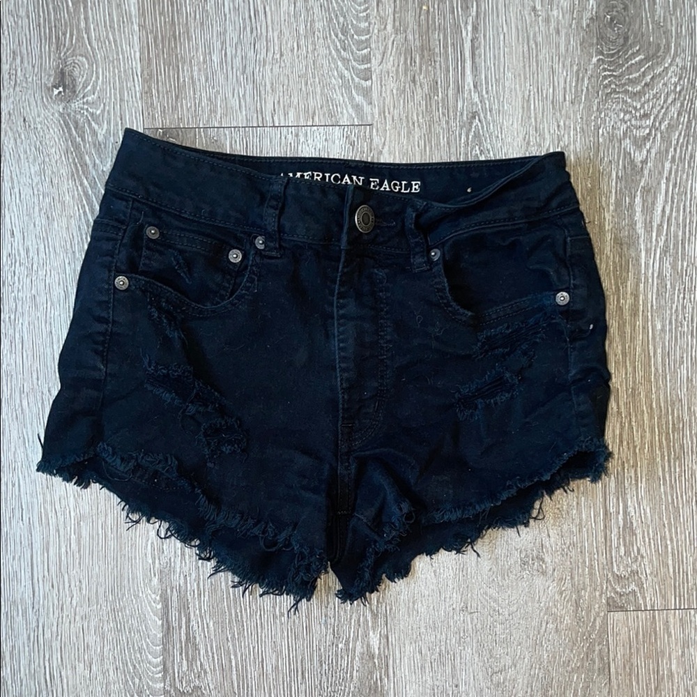 American Eagle denim Black Jean Shorts with Frayed Hem distressed denim size 6